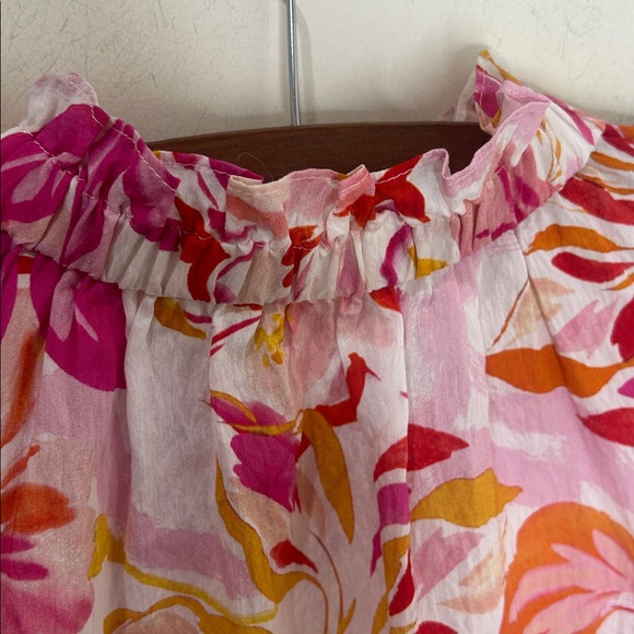 THML Floral Puff Sleeve Blouse Medium Pink Orange Tropical Ruffle Neck - Picture 5 of 16